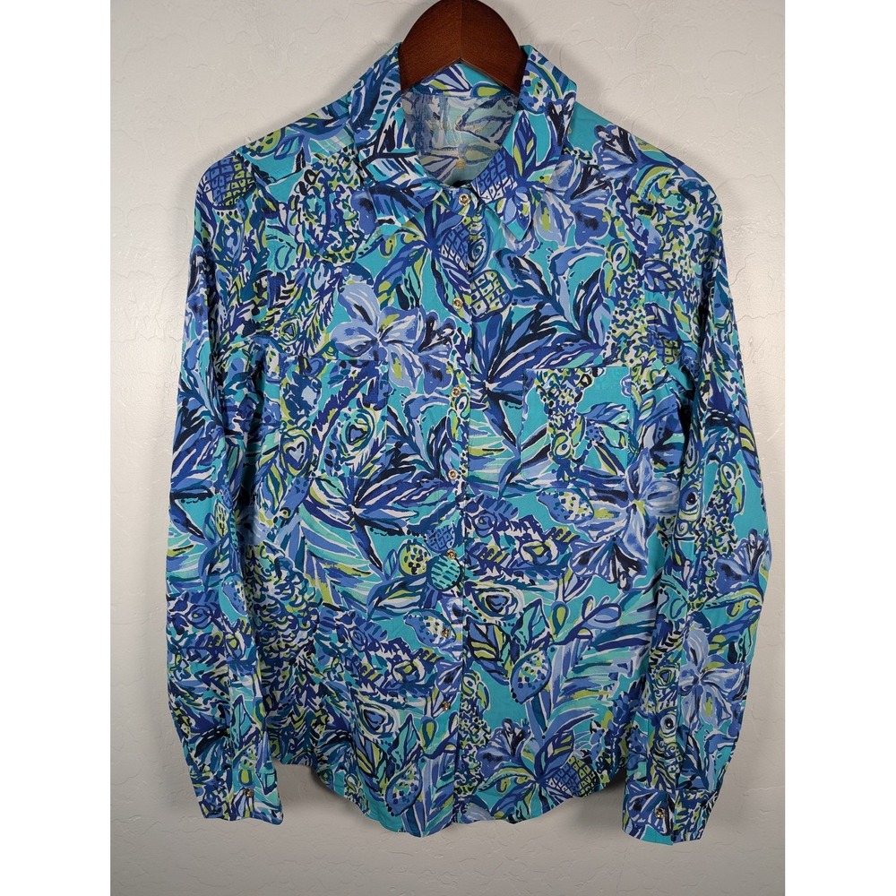 Lilly Pulitzer Shirt Womens Small Floral Button Up Tropical Rayon Blouse‎ Top